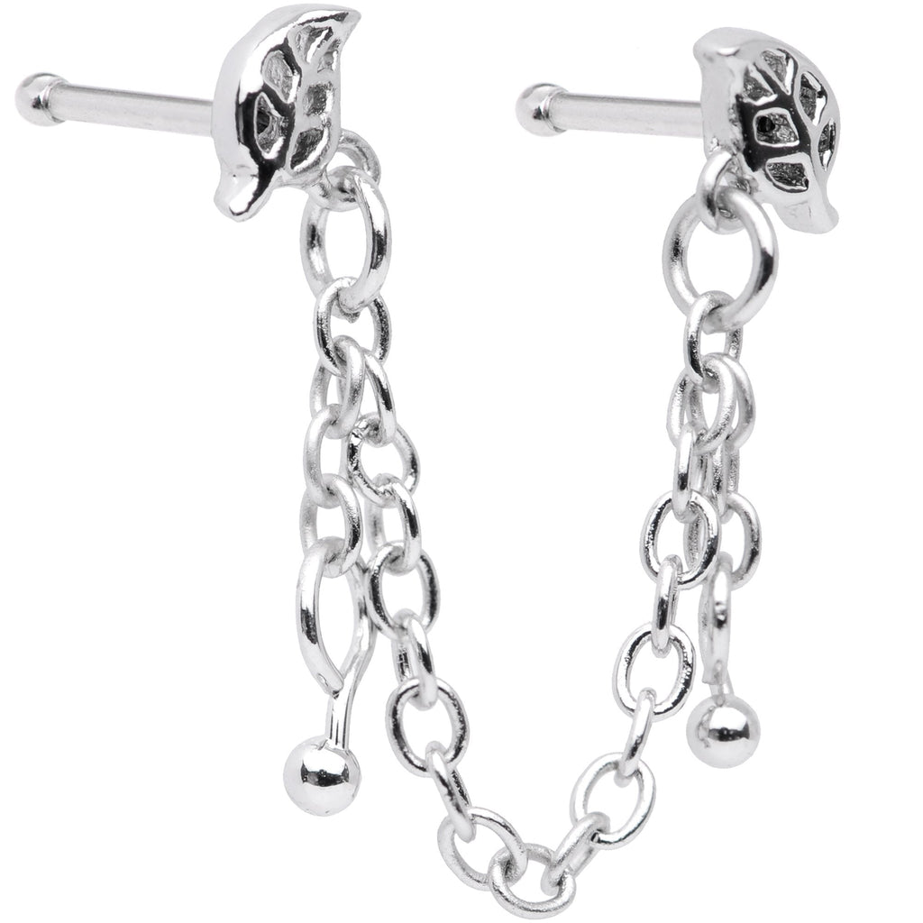 20G 1/4 Autumn Fall Leaves Chain Dangle Double Nose Bone