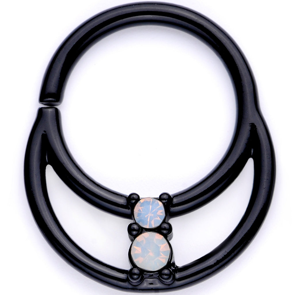 16G 3/8 White Faux Opal Black Anodized Twisted Horseshoe Closure Ring Set