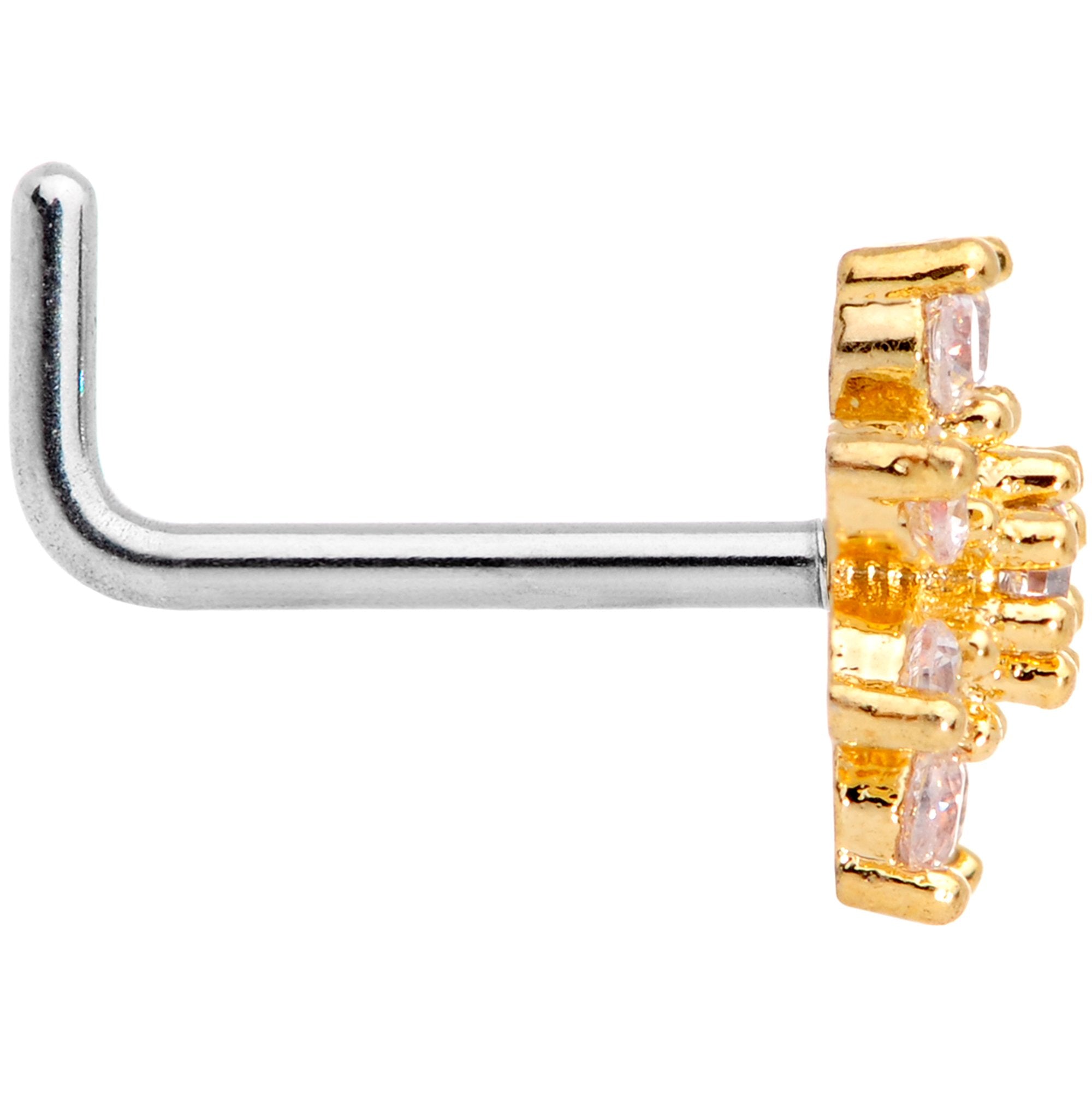 20G 1/4 Clear CZ Gem Gold Tone Flower L Shaped Nose Ring
