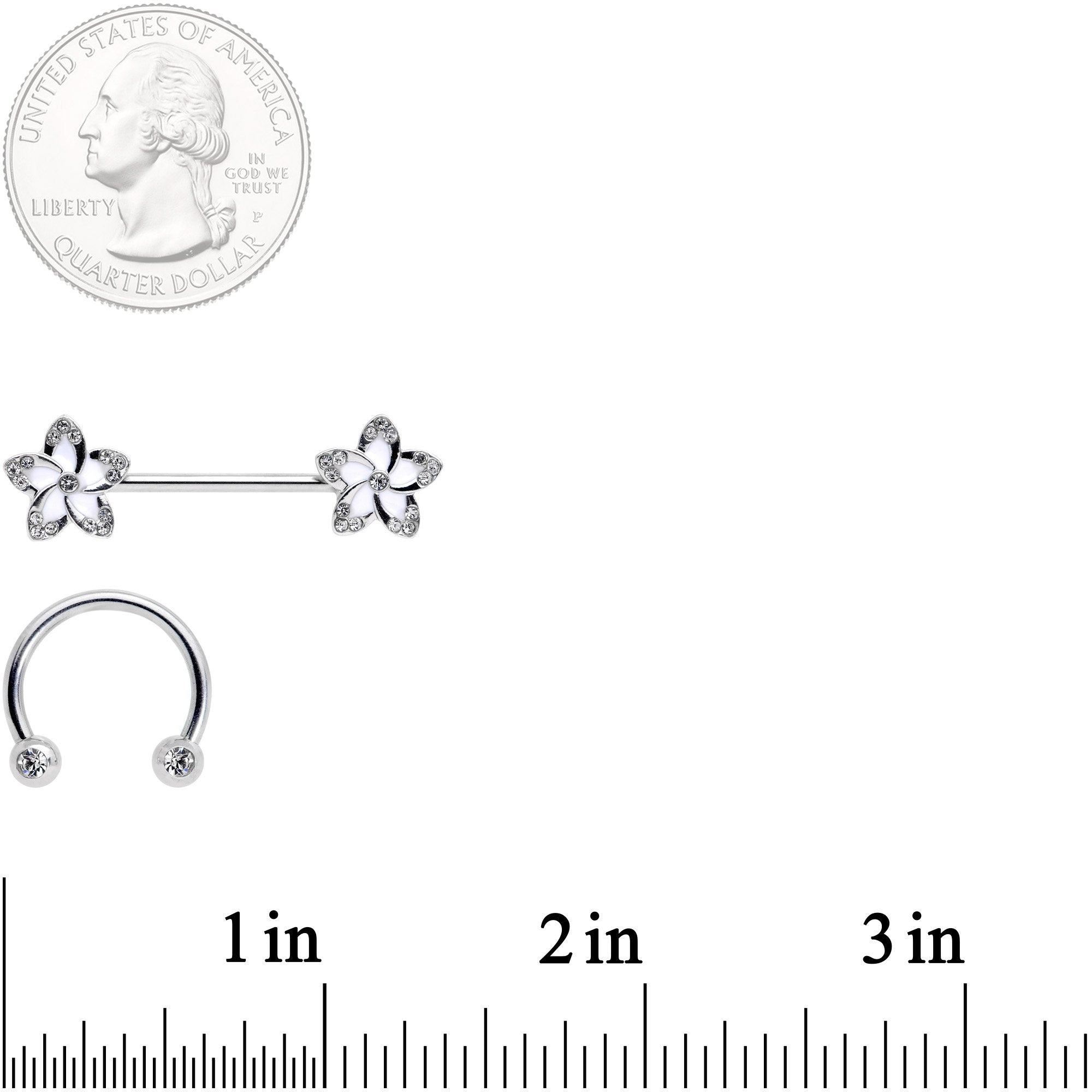 14G Clear Gem White Flower Horseshoe Barbell Nipple Ring Set of 4