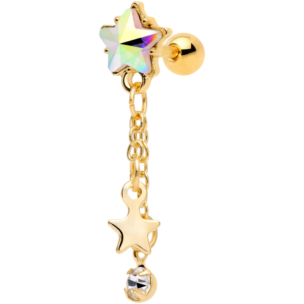 16G 1/4 Aurora Clear Gem Gold Tone Star Dangle Cartilage