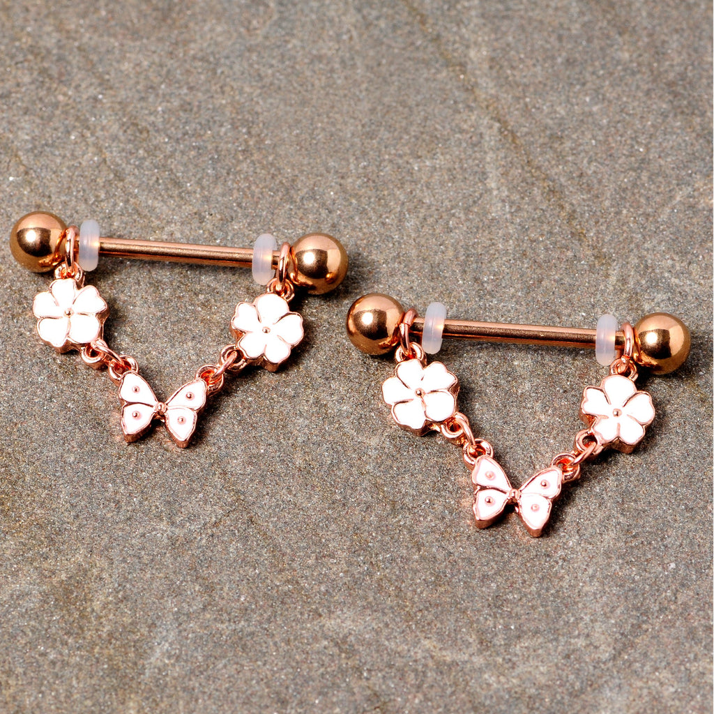 14G 5/8 Gold Tone White Flower Butterfly Dangle Nipple Ring Set