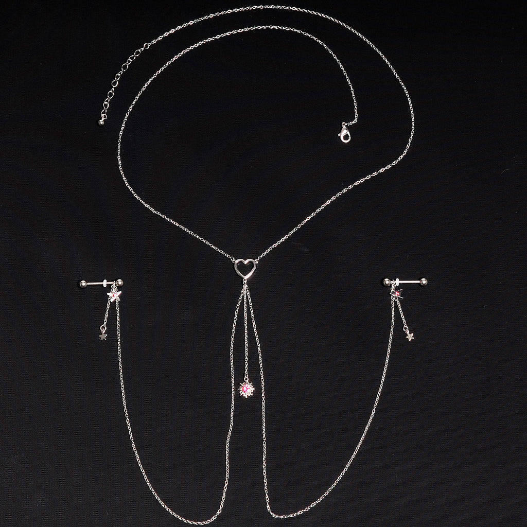 14G 5/8 Pink Gem Sun Heart Star Nipple Chain Necklace