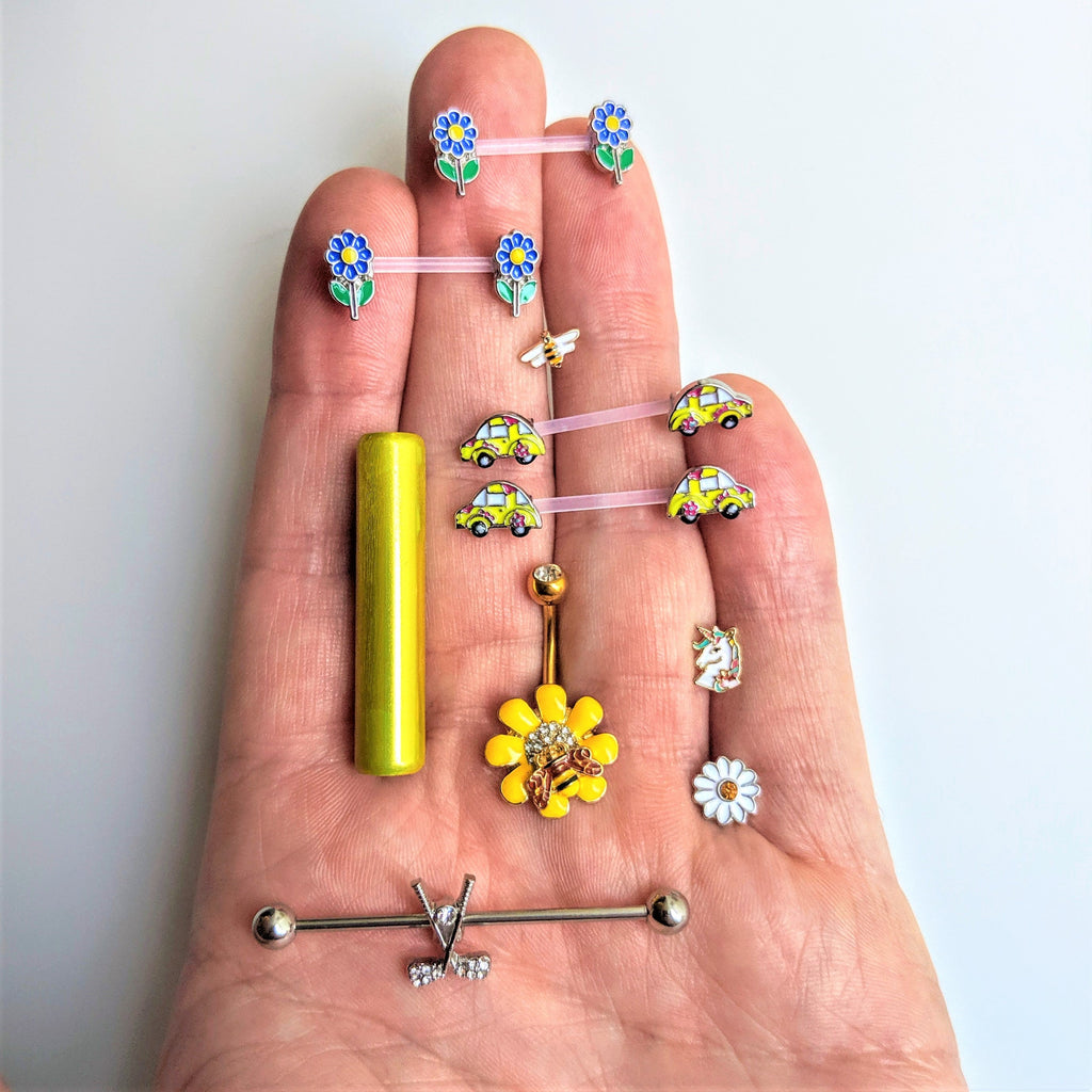 14G 9/16 Clear Bioplast Blue Hippie Flower Barbell Nipple Ring Set