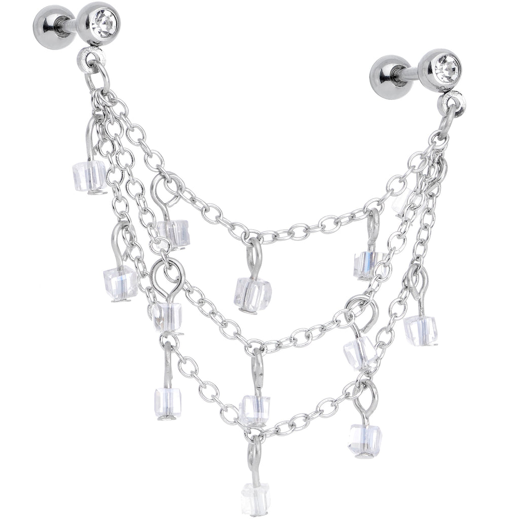 16G 1/4 Clear Gem Clear Cube Triple Dangle Cartilage Chain Earring