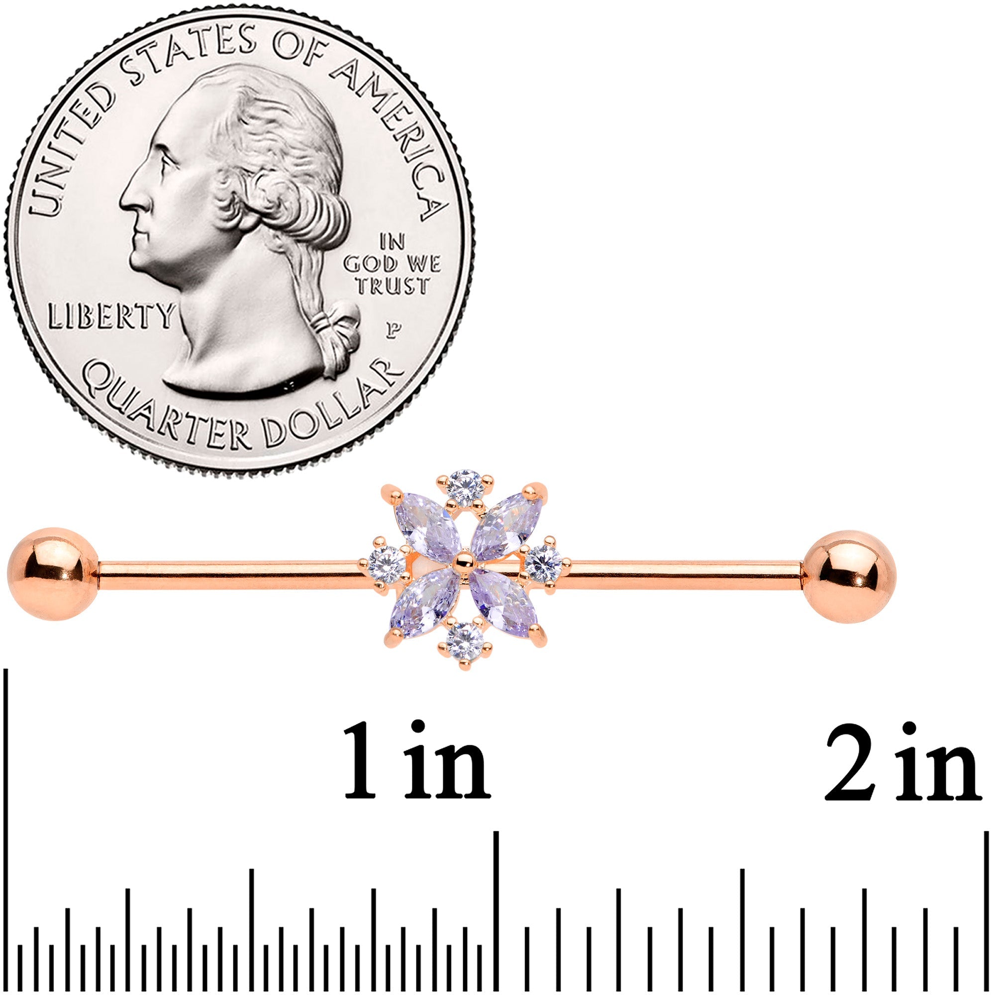 14G Purple CZ Gem Rose Gold Tone Star Burst Industrial Barbell 38mm