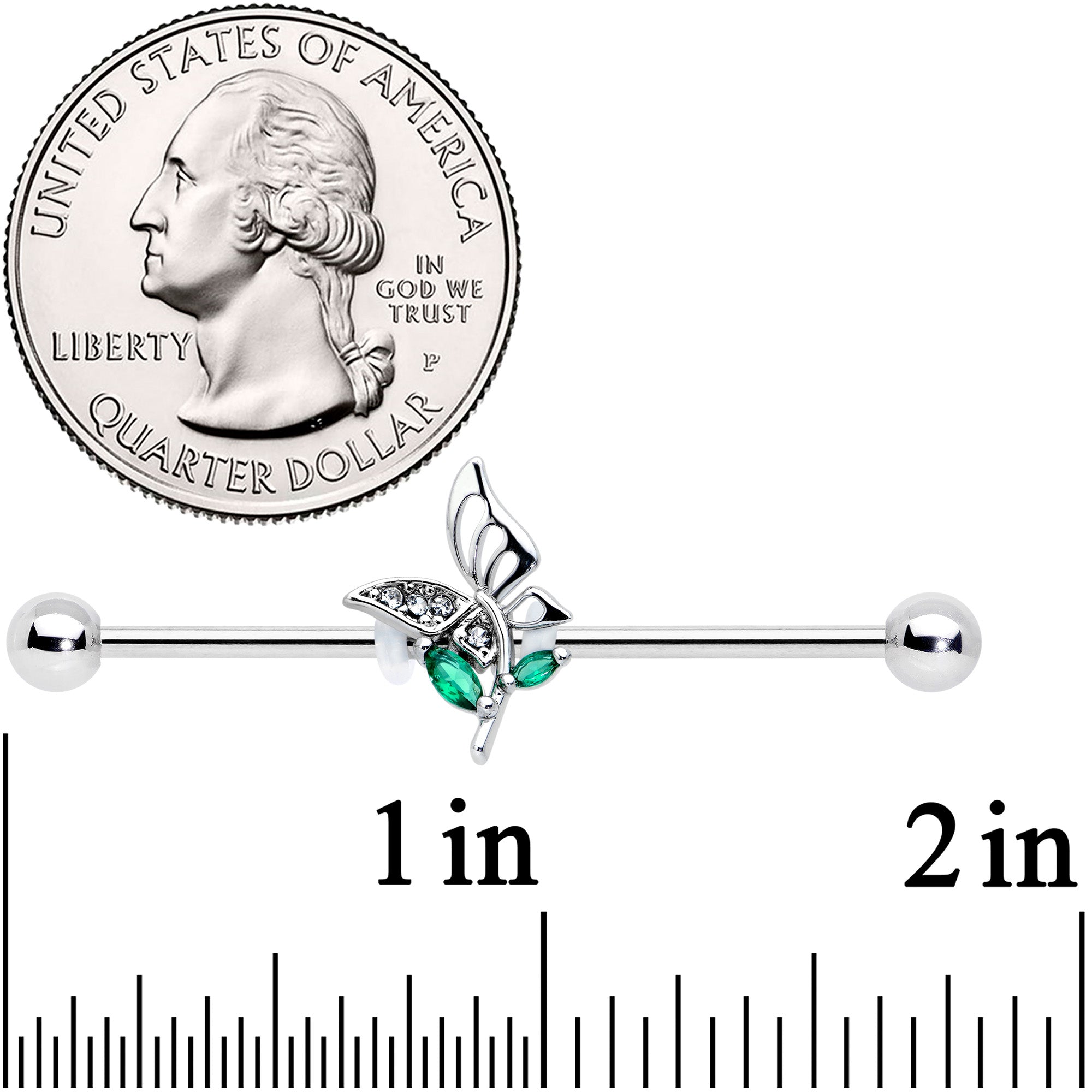 14G Clear Green Gem Floral Butterfly Industrial Barbell 38mm