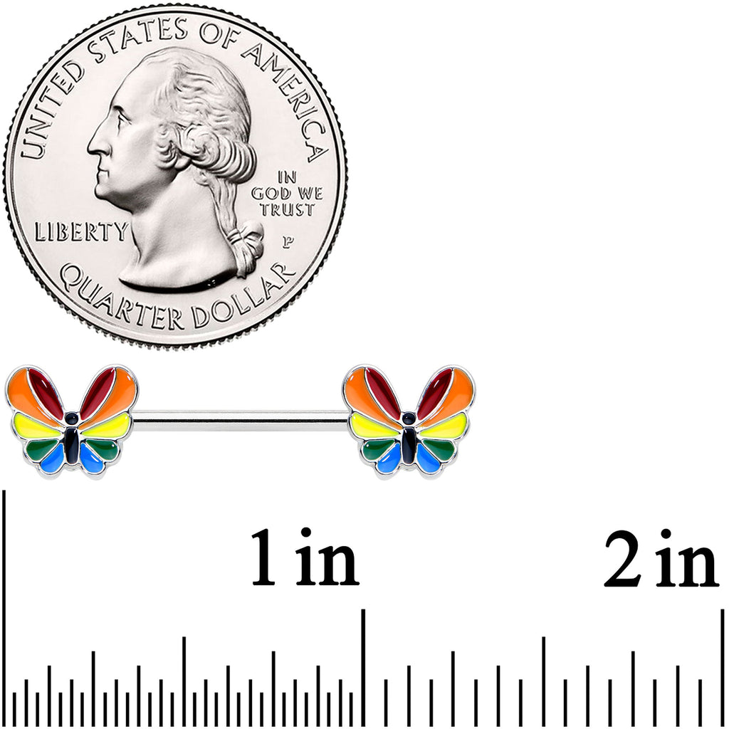 14G 9/16 Pride Rainbow Stripe Butterfly Barbell Nipple Ring Set