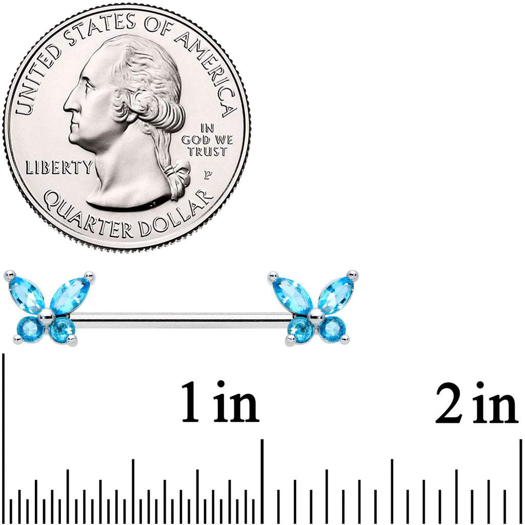 14G 3/4 Blue CZ Gem Butterflies Barbell Nipple Ring Set