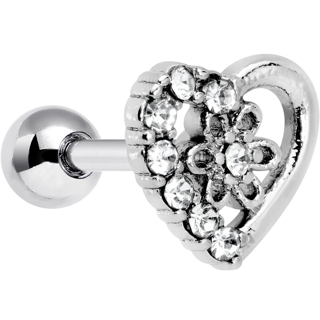 16G 1/4 Clear Gem Floral Hollow Heart Cartilage Tragus Earring