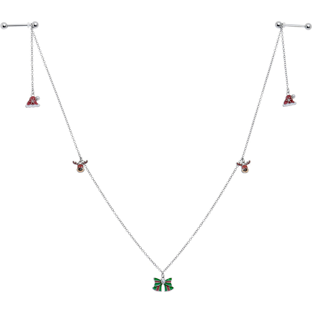 14G 9/16 White Orb Santa Hat Christmas Barbell Nipple Chain Set