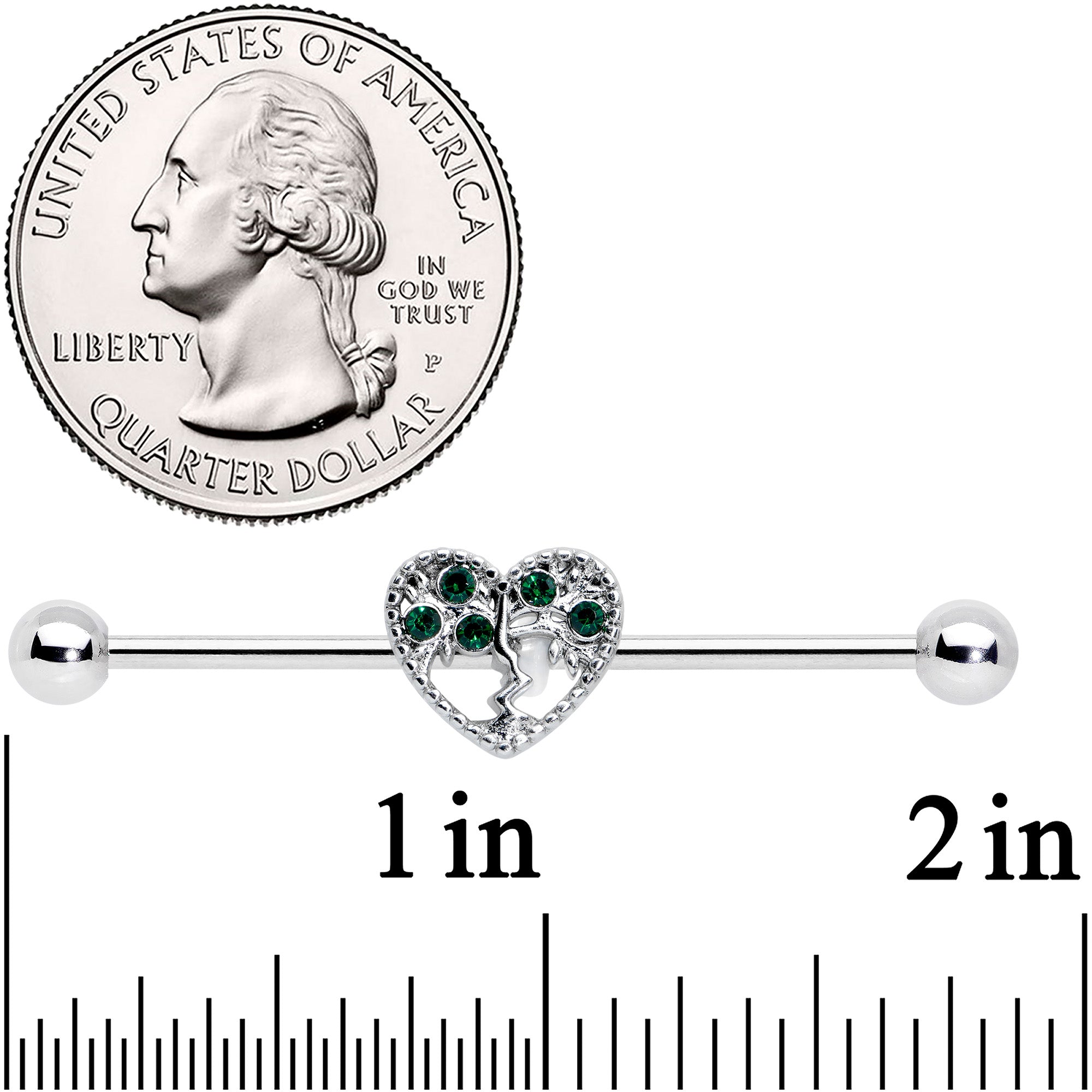 14G Green Gem Heart Tree Valentines Day Industrial Barbell 38mm