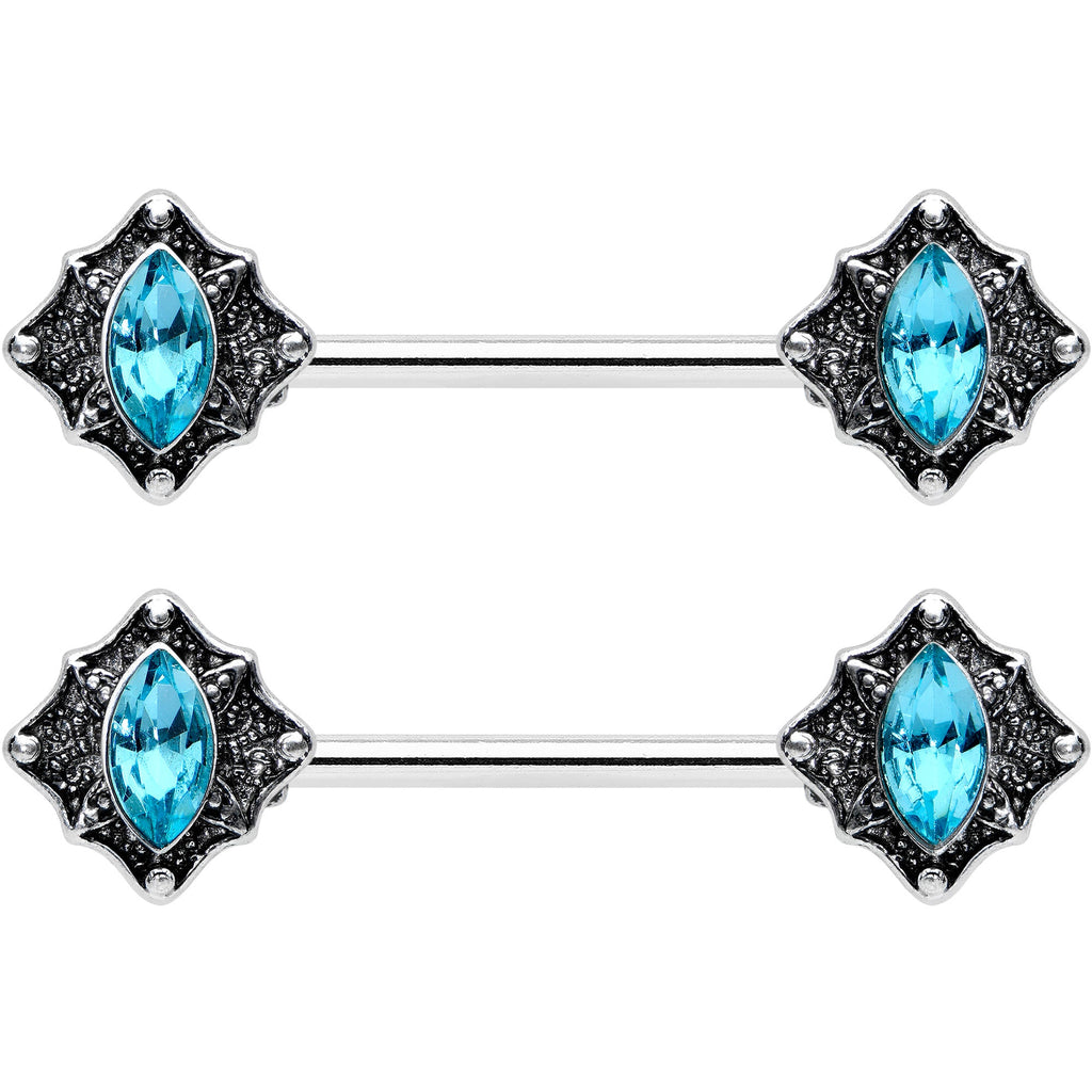 14G 9/16 Blue Gem Rhombus Retro Barbell Nipple Ring Set