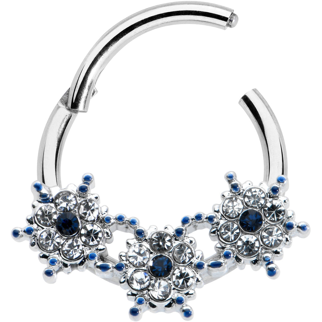 16G 3/8 Clear Blue Gem Festive Trio Snowflake Hinged Segment Ring