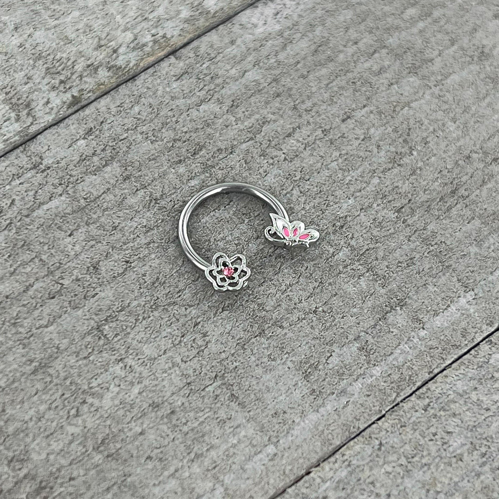 16G 3/8 Pink Butterfly Pink Gem Flower Horseshoe Circular Barbell