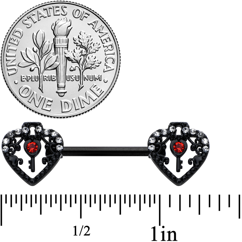14G 9/16 Red Clear Gem Black Key Heart Barbell Nipple Ring Set