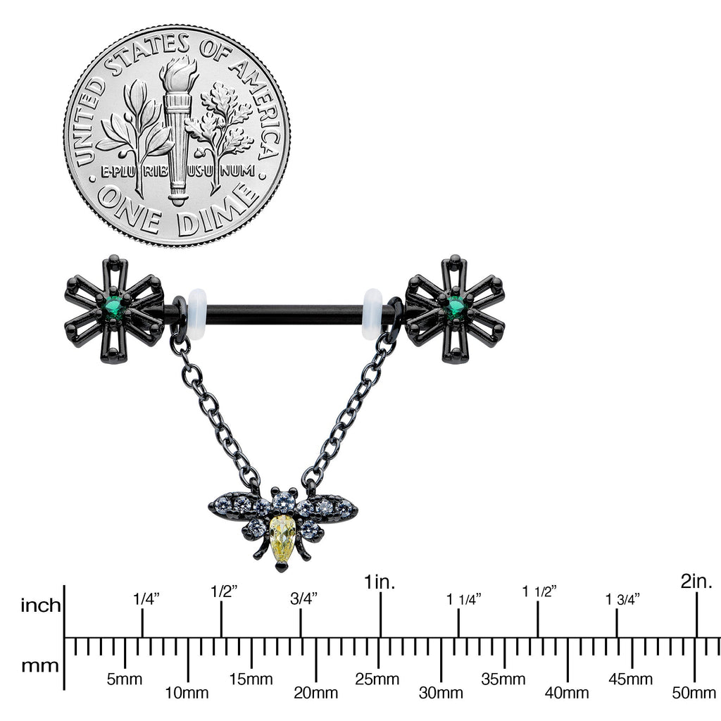 14G 9/16 Yellow Gem Black Butterfly Chain Dangle Nipple Ring Set