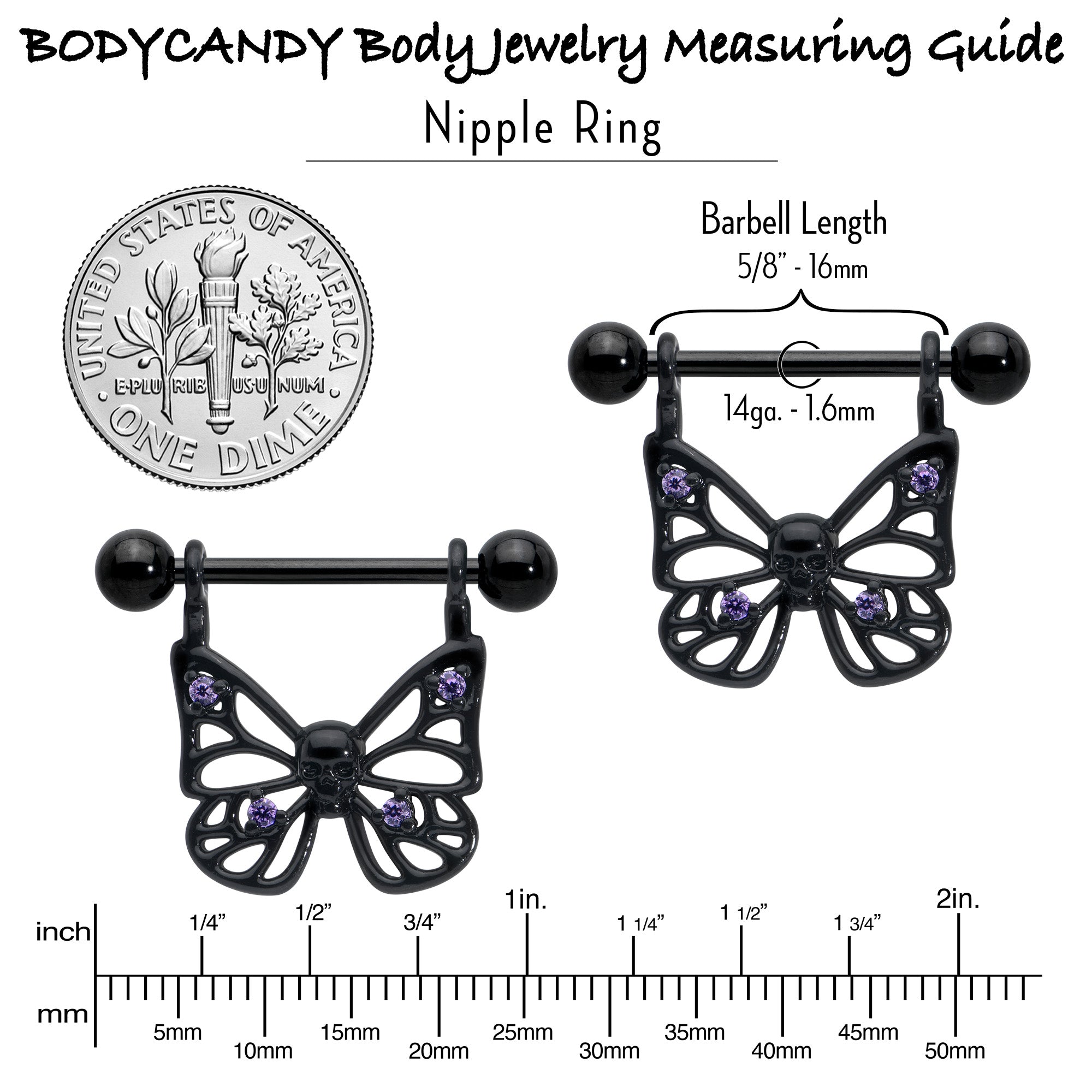 14G 11/16 Purple CZ Gem Black Skull Butterfly Dangle Nipple Ring Set