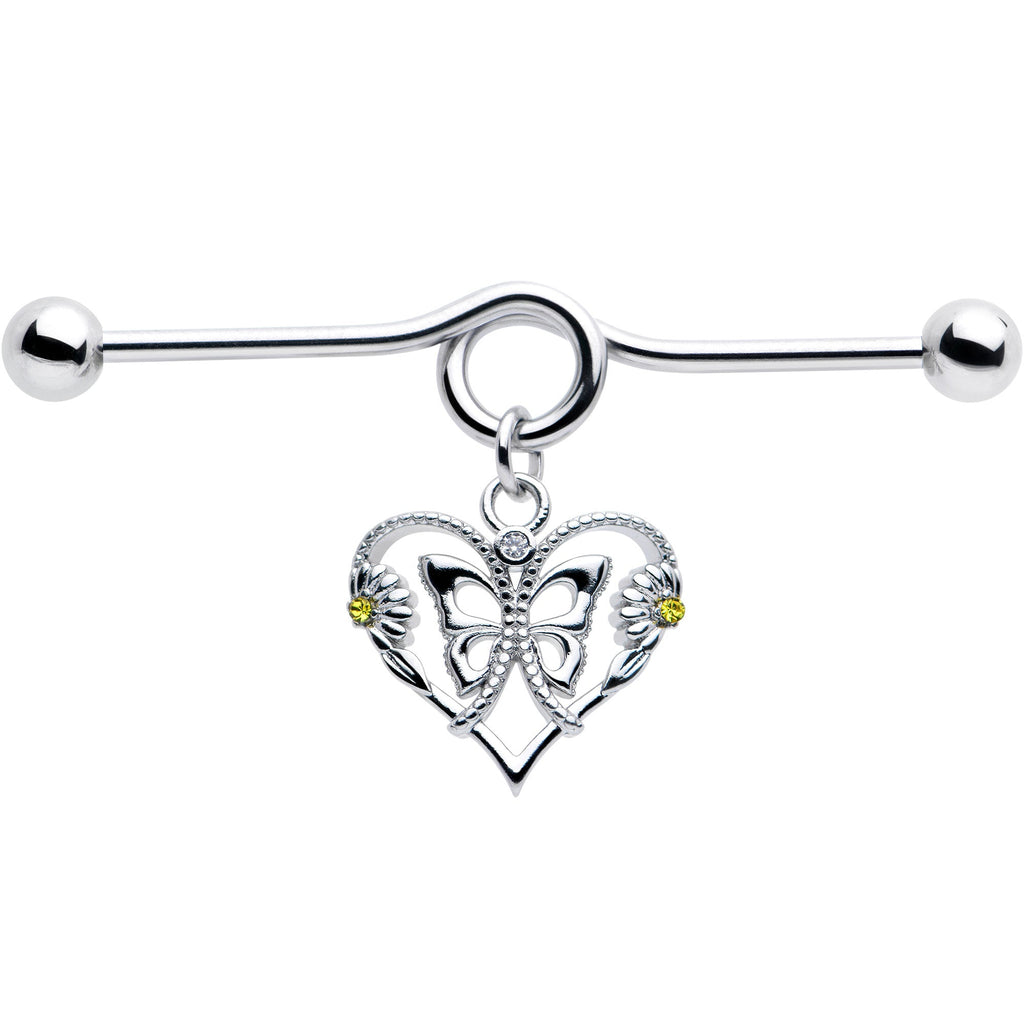 14G Yellow CZ Gem Heart Flower Butterfly Project Bar 38mm