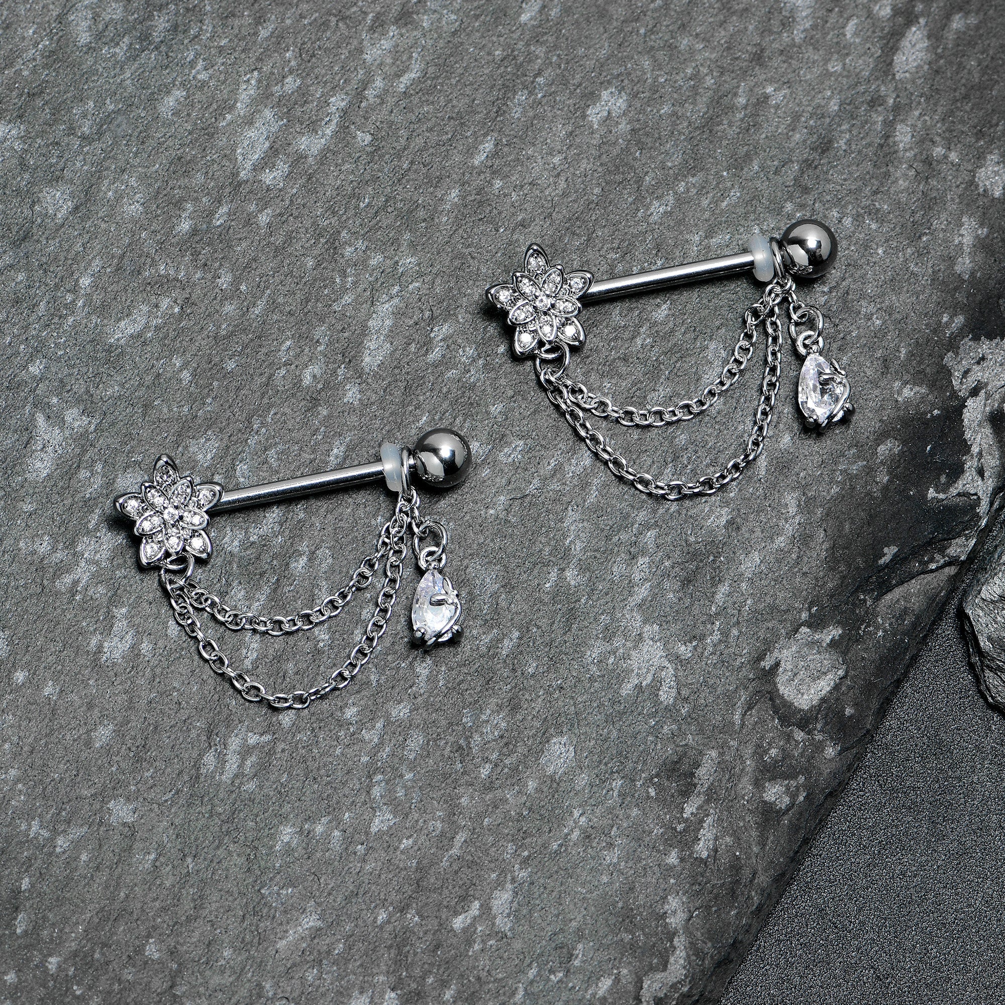 14G 9/16 Clear CZ Gem Snowflake Flower Chain Dangle Nipple Ring Set