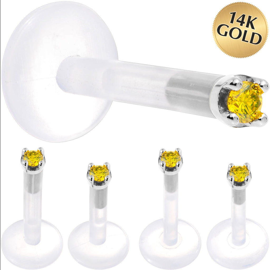 Solid 14K White Gold 1.5mm Genuine Yellow Diamond Bioplast Push in Labret